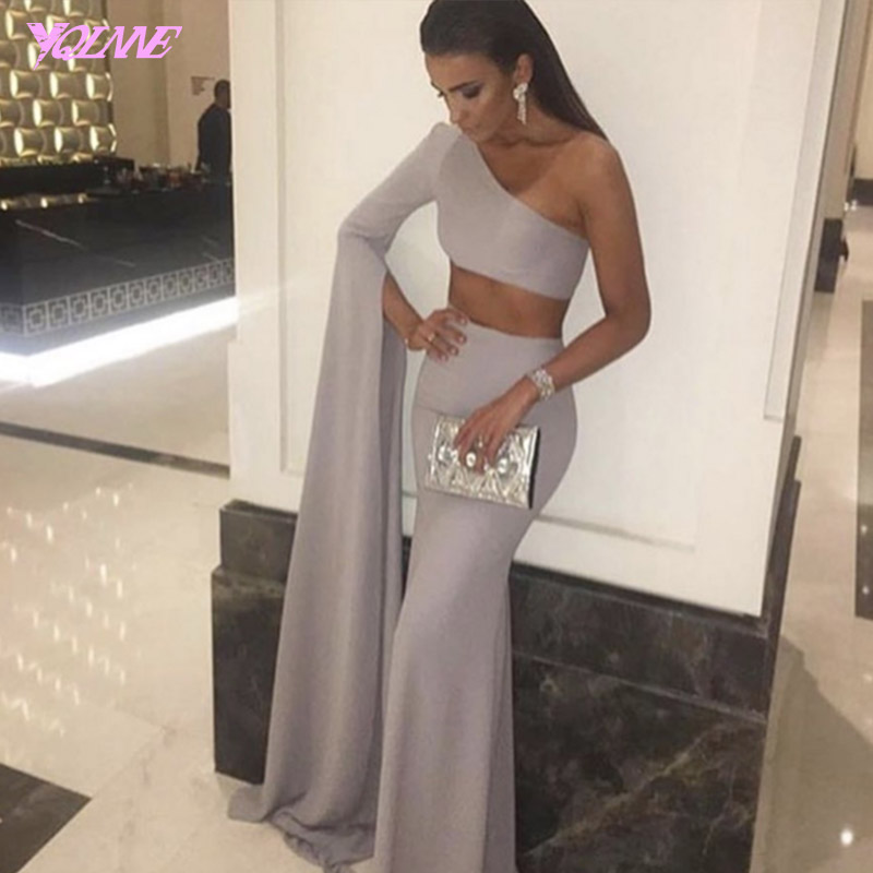 Fashion Long Sleeve Prom Dresses One Shoulder Evening Gown Two Pieces Party Dress Gray
