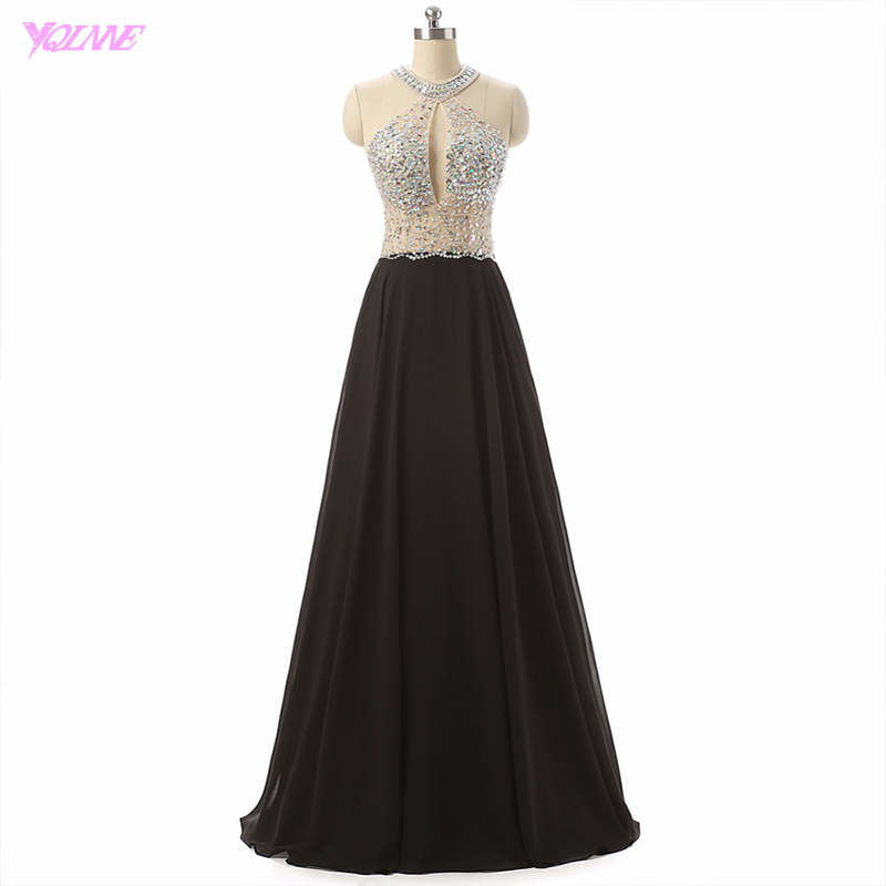 2017 Black Chiffon Crystals Prom Dresses Halter Backless Long Party Dress