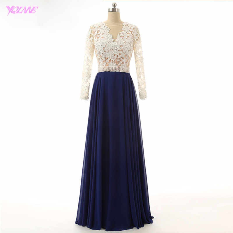 Royal Blue Lace Chiffon Prom Dresses Long Women Evening Gown Full Sleeve