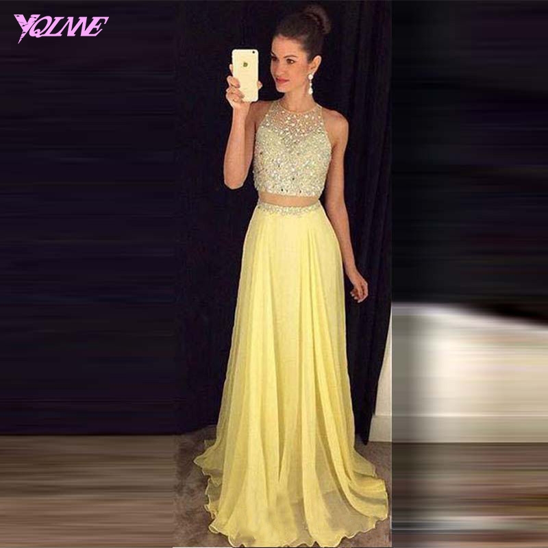 Two Pieces Crystals Prom Dresses Chiffon Party Dress