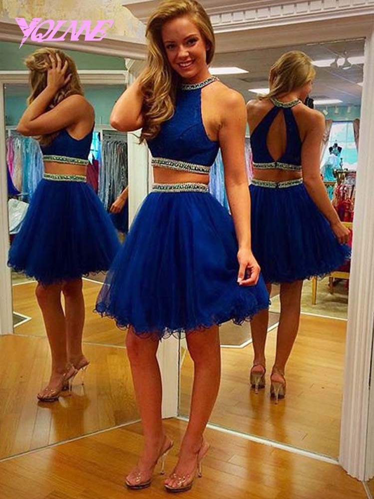 Two Pieces Short Homecoming Party Dresses Royal Blue Tulle Crystals