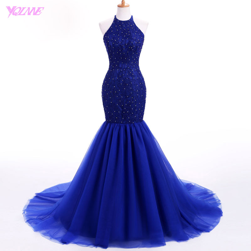 Royal Blue Mermaid Prom Dresses Long Evening Party Gown Halter