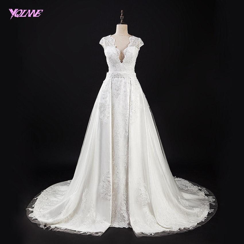 2 In 1 White Lace Bridal Dresses Mermaid Wedding Dress Deep V Neck Detachable Train Bridals Gown Vestido De Noiva