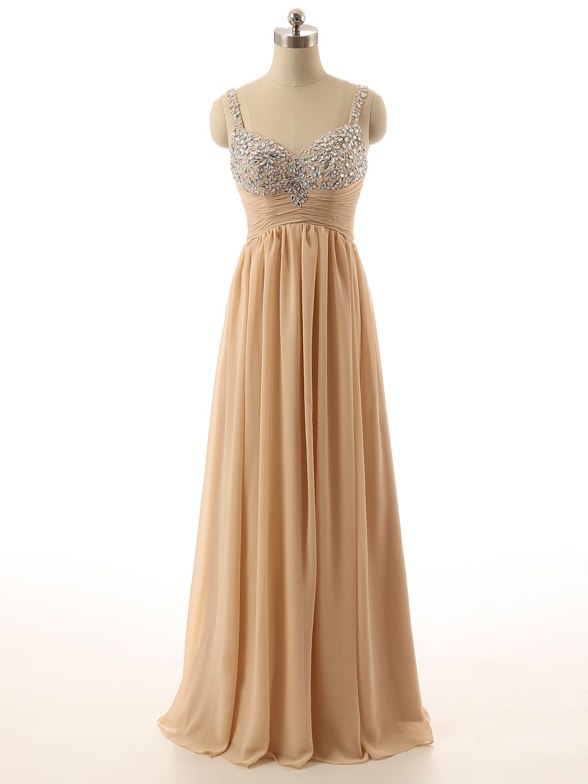Champagne Crystals Prom Dresses Long Chiffon Evening Gown Spaghetti Party Dress