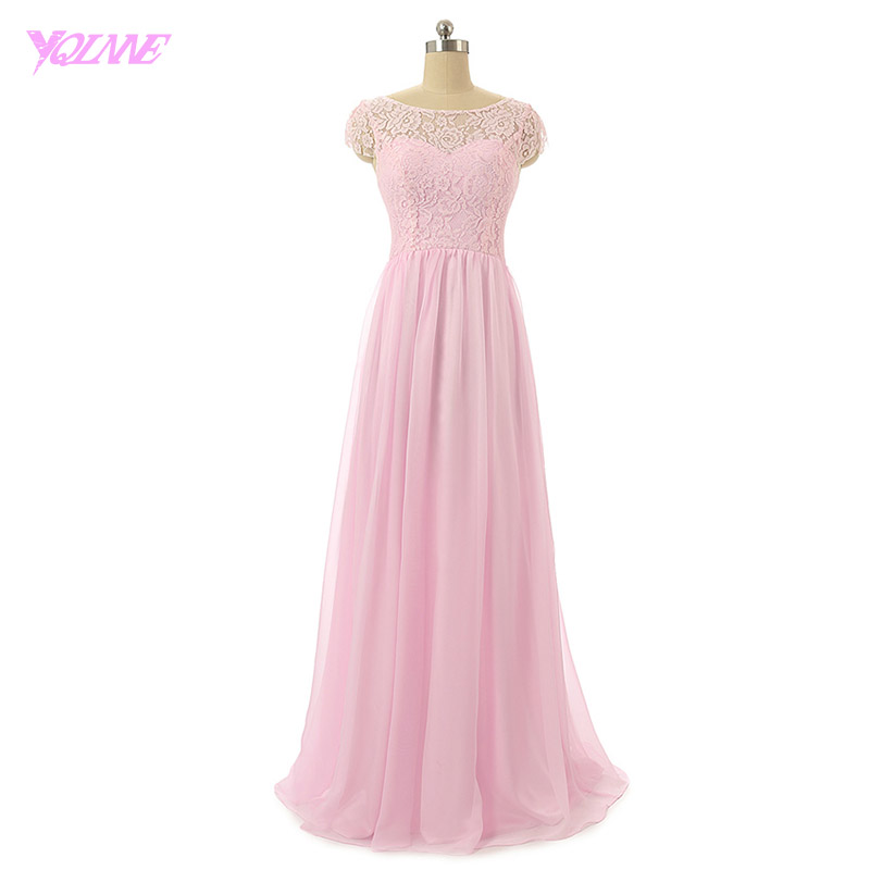 Pink Long Bridesmaid Dresses Lace Chiffon Wedding Party Dress Floor Length