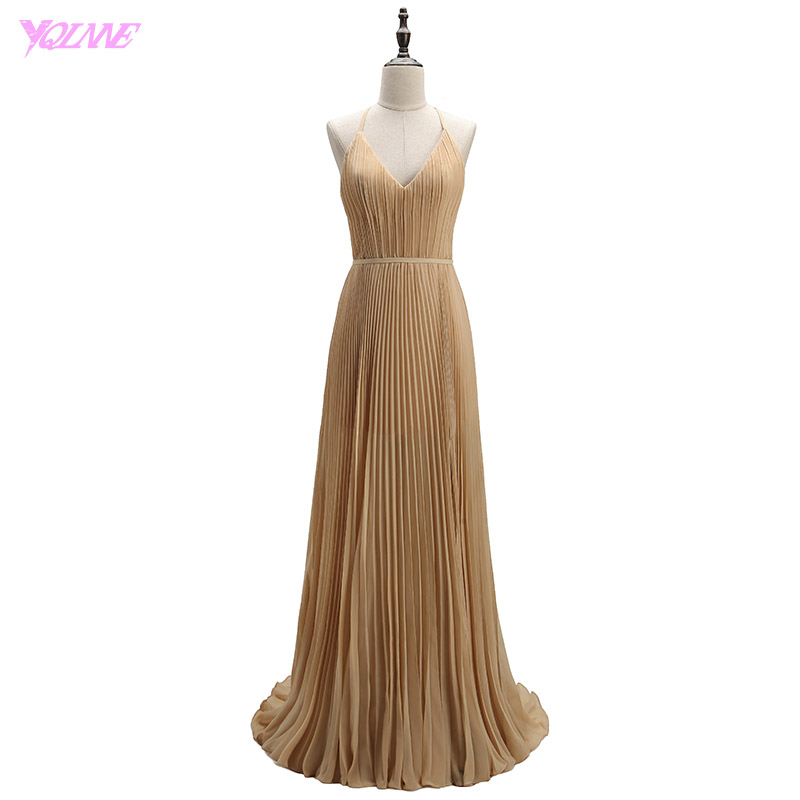 Champagne Chiffon Pleated Plunge V Floor Length A-line Formal Dress Featuring Criss-cross Back