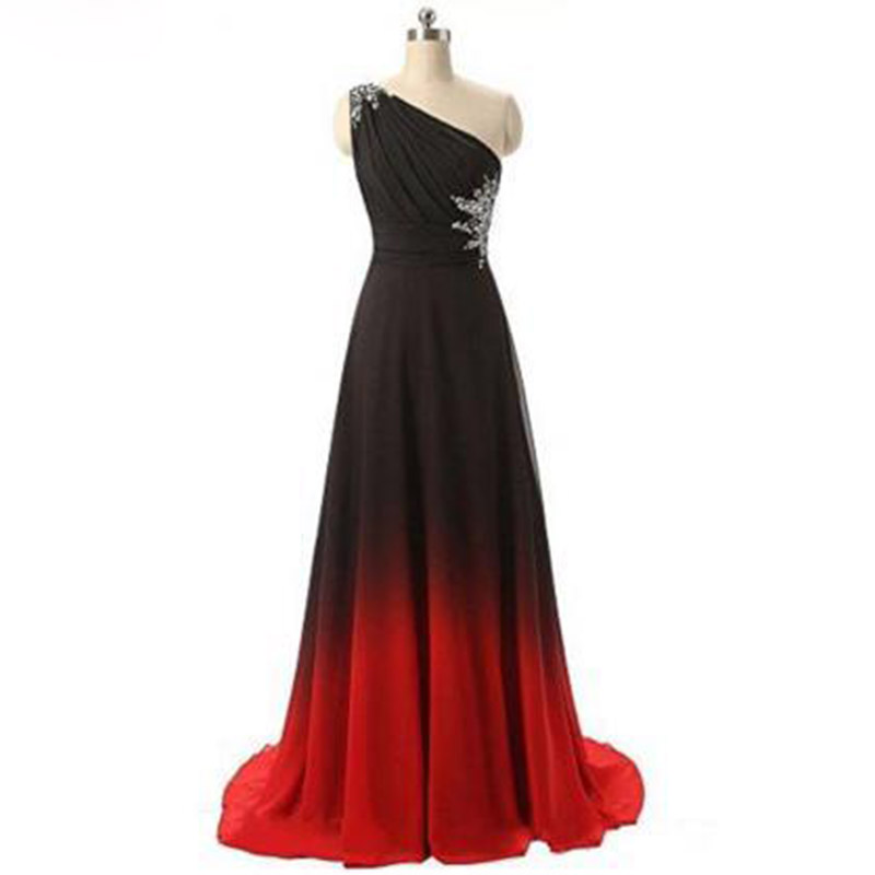 Gradient Chiffon Prom Dresses,one Shoulder Prom Dress,long Evening Dress,red Dresses