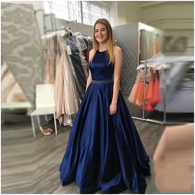 Halter Satin Poofy Navy Blue Ball Gown Prom Dress with beading waist main image 1