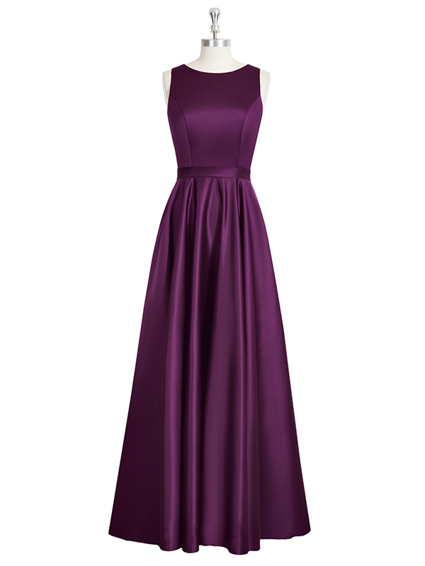 Purple Satin Crew Neck Sleeveless Floor Length A-line Formal Dress Featuring Open Back, Prom Dress, Bridesmaid Dress