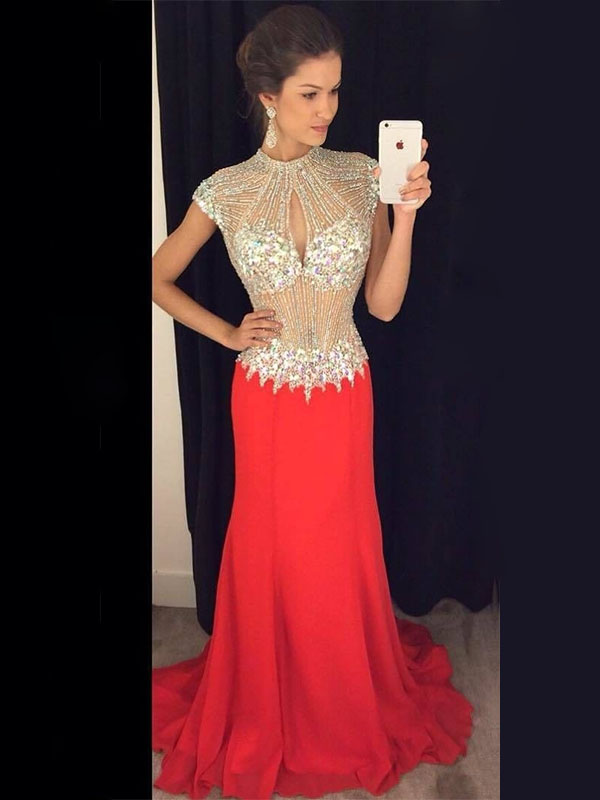 Gorgeous Red Crystals Prom Dresses High Neck Chiffon Beading Evening Gown Backless