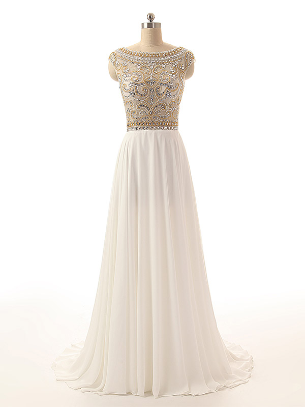 Beaded Embellished Bateau Neck Cap Sleeves Floor Length Formal Dress Featuring Plunge V Back, Prom Dress