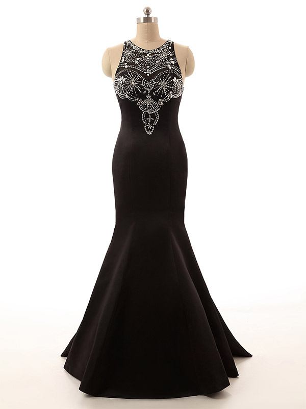 Crystal Embellished Black Satin Crew Neck Halter Floor Length Mermaid Dress, Formal Dress, Prom Dress