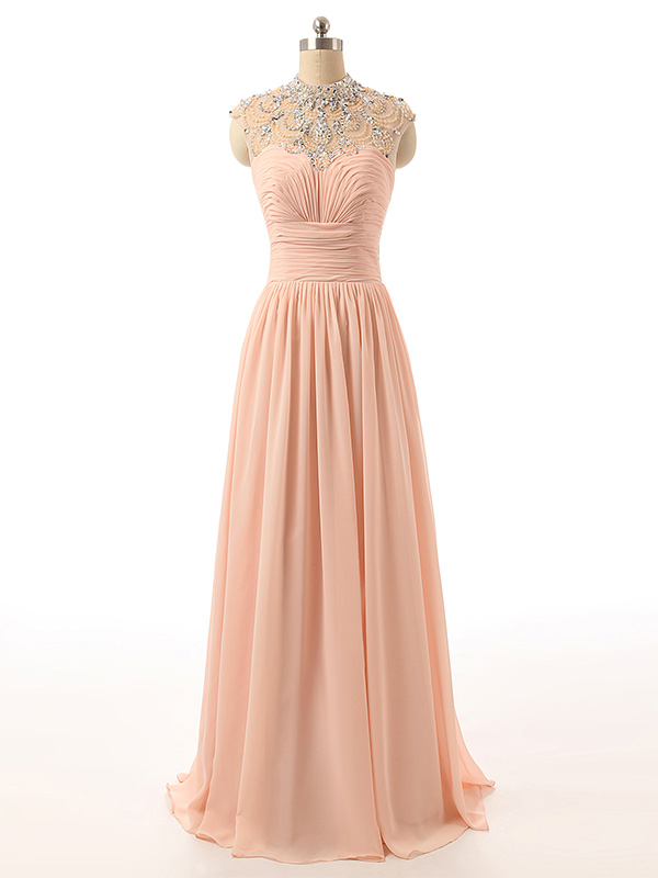 Crystal Embellished Peach Chiffon High Neck Sleeveless Floor Length Formal Dress, Prom Dress