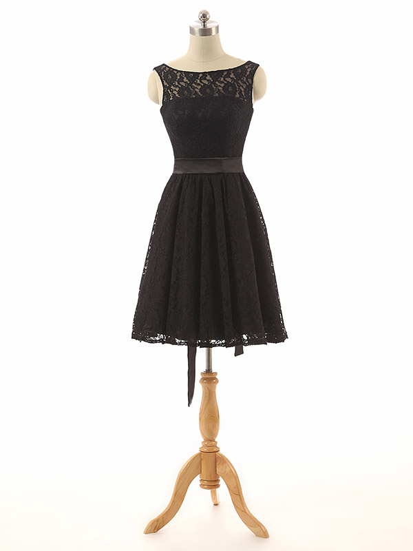 Black Lace Bateau Neck Sleeveless Short Pleated Dress Featuring Bow Accent, Formal Dress, Homecoming Dress