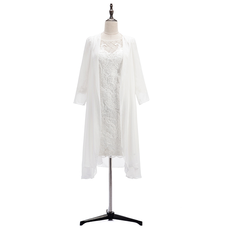 White 3/4 Long Sleeve Mother Of The Bride Dresses Lace Formal Women Party Dress With Crepe Jacket