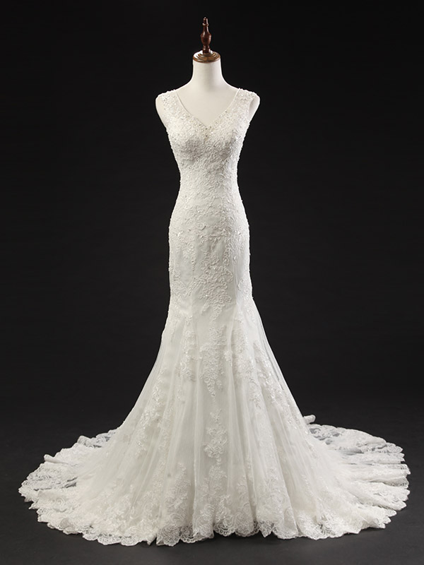 V Neck Lace Beaded Mermaid Wedding Dress Sleeveless Bridal Dresses