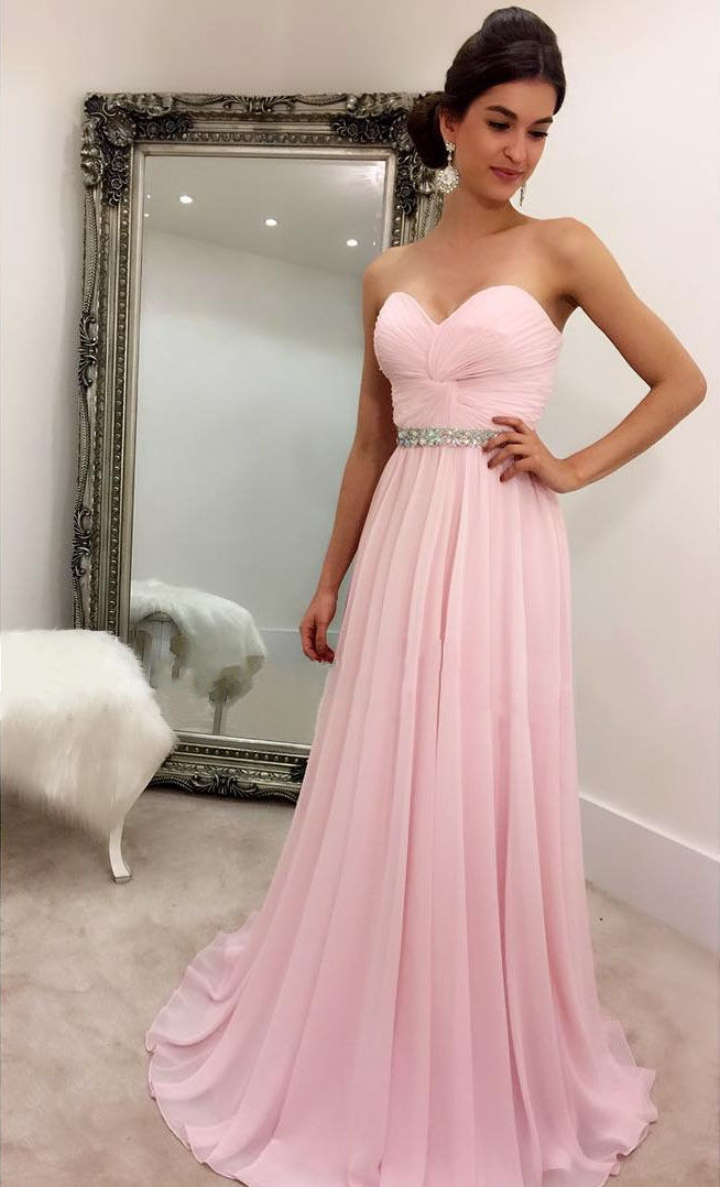 Pink Chiffon Prom Dresses Sweetheart Crystals Long Party Dress