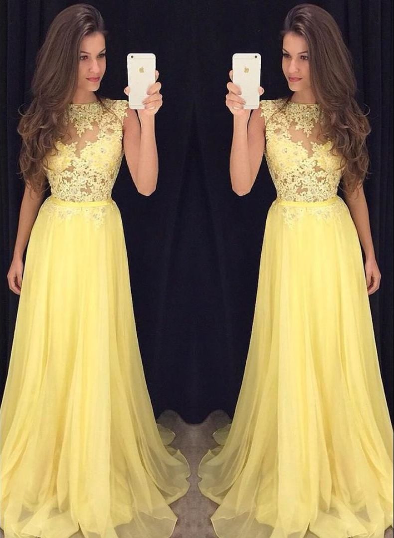 Yellow Lace Chiffon Prom Dresses Long Party Dress