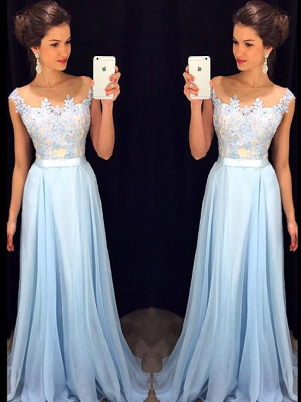 Sky Blue Long Prom Dresses Elegant Lace Chiffon Party Dress