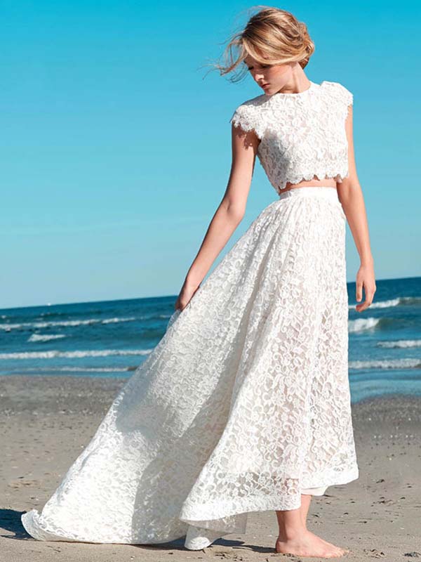 Romantic Two Pieces Beach Wedding Dress Lace Bridal Gown High Low Dresses