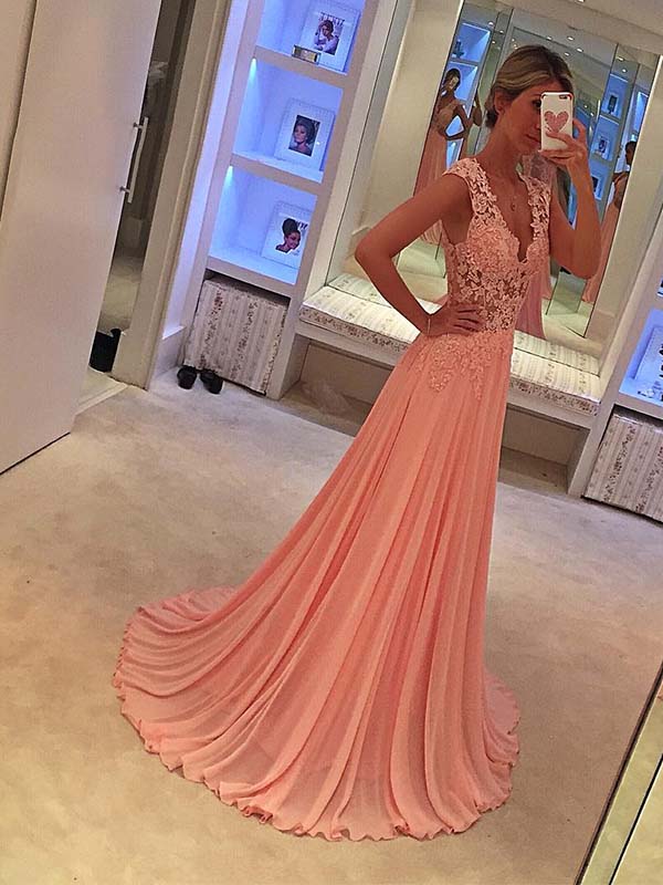 Pink Long Chiffon Prom Dresses Lace Party Dress