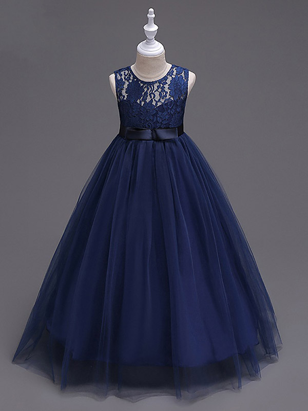 Navy Blue Lace Flower Girl Dresses Tulle Kids Ball Gown Dress