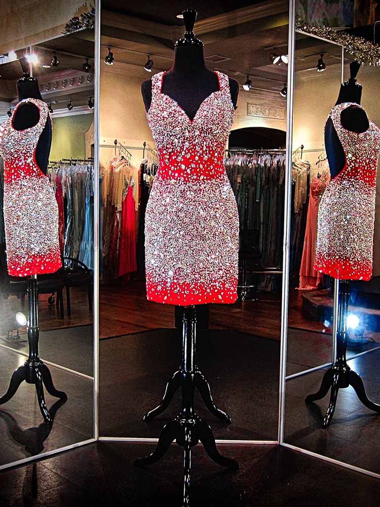 Gorgeous Red Crystals Beaded Prom Dresses Short Party Dress