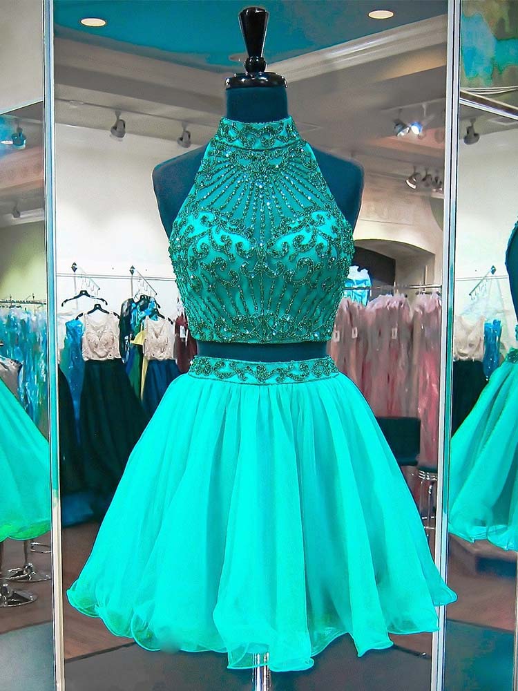 Two Pieces Green Beading Homecoming Dresses High Neck Short Tulle Party Dress Backless