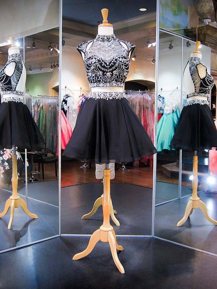 Sexy Two Pieces Black Homecoming Dresses Short High Neck Crystals Beaded Chffion Party Dress