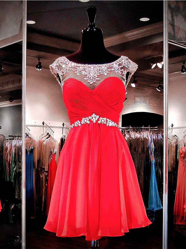 Red Short Prom Dresses Chiffon Crystals Beaded Party Dress