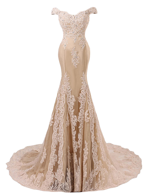 Lace Appliqués And Beaded Embellished Champagne Off-the-shoulder Floor Length Mermaid Formal Dress, Prom Dress
