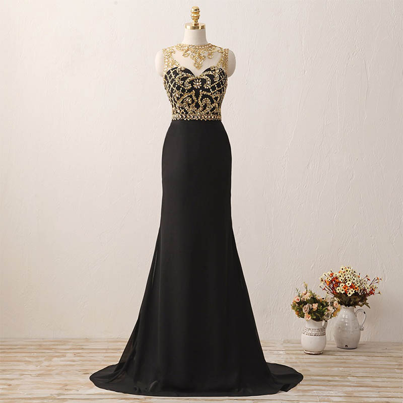 Black Chiffon Long Prom Dresses Gold Crystals Evening Gown