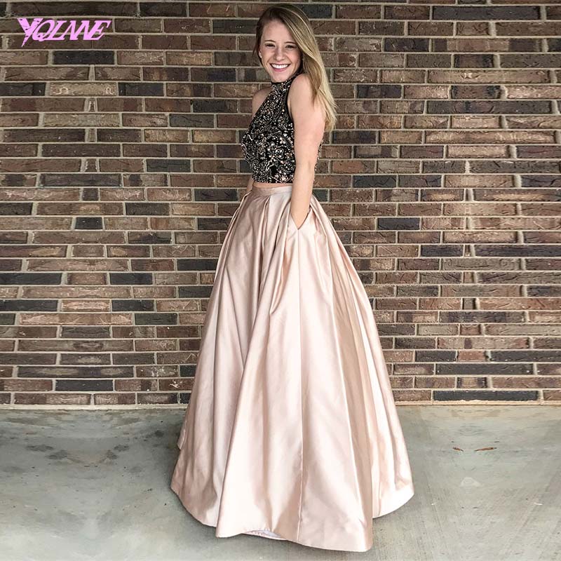 Sexy Two Piece Prom Dresses Long Evening Gown High Neck Crystals Beaded Satin