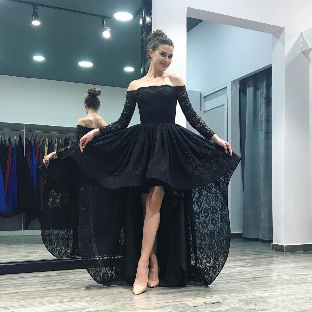Sexy Black High Low Lace Long Sleeve Prom Dresses Women Evening Gown Off The Shoulder