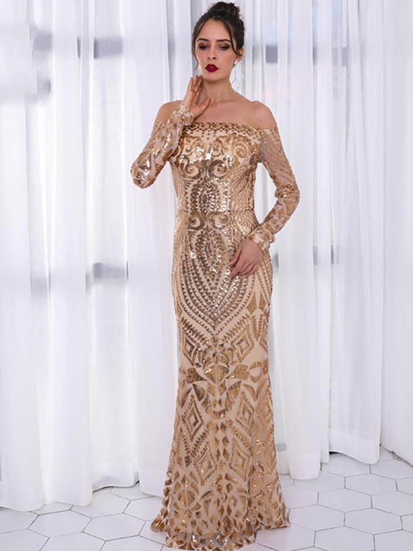 2018 Fashion Gold Sequins Mermaid Prom Dresses Long Off The Shoulder Evening Gown