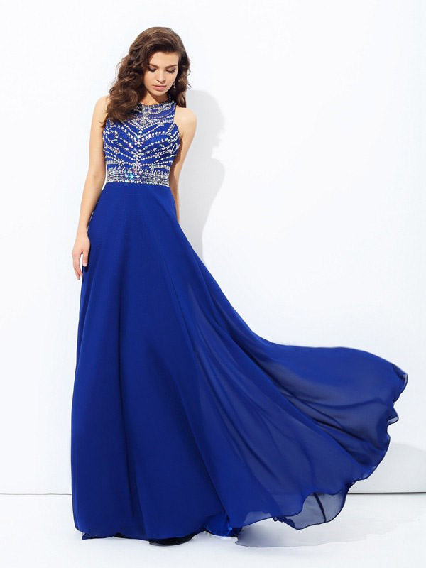 Royal Blue Halter Crystals Prom Dresses Long Chiffon Evening Gown