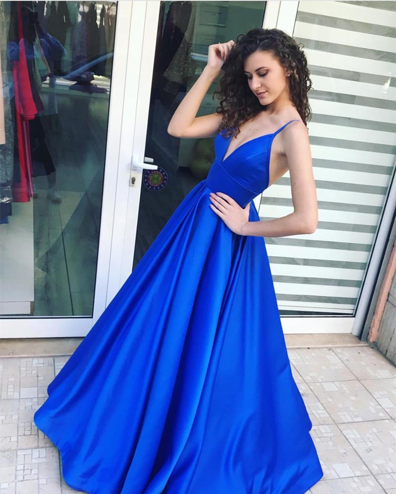 2018 Straps Long Prom Dresses Satin Evening Gown Lace Up Dress