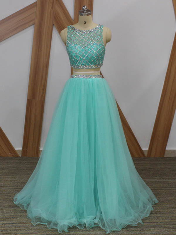 2018 Two Pieces Long Prom Dresses Mint Green Tulle Crystals Beaded Evening Dress