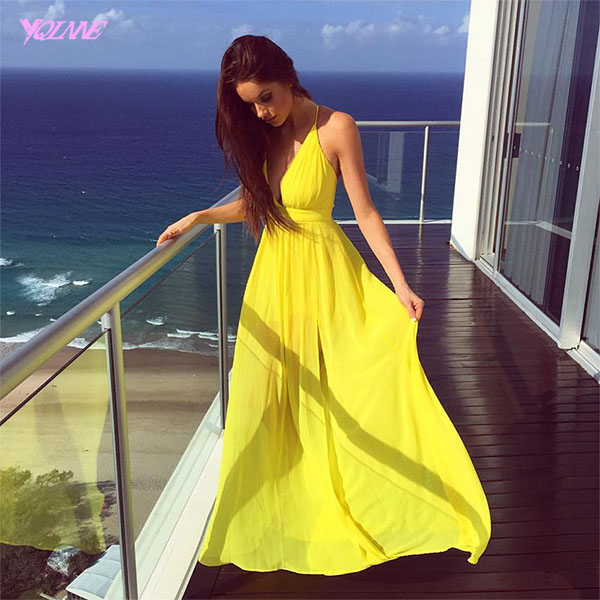 Yellow Chiffon Prom Dresses Party Evening Gown Long Dress