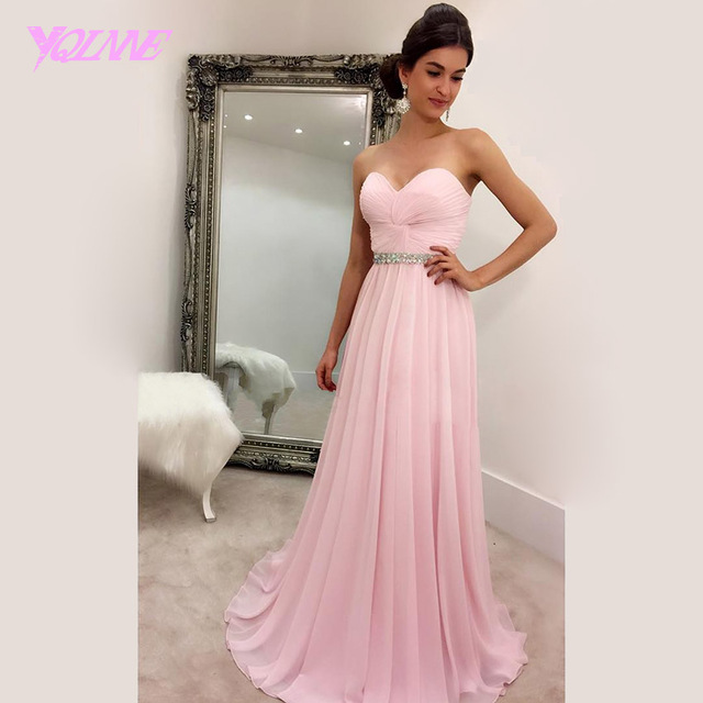 Pink Chiffon Sweetheart Floor Length A-line Prom Dress Featuring Beaded Embellished Belt, Formal Dress