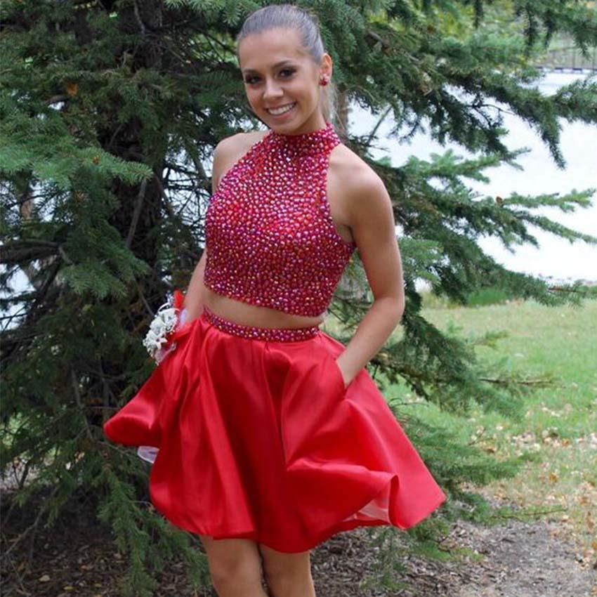 Sexy Two Pieces Homecoming Dresses ,short Party Dress,prom Dress,crystals Dresses,red Dresses