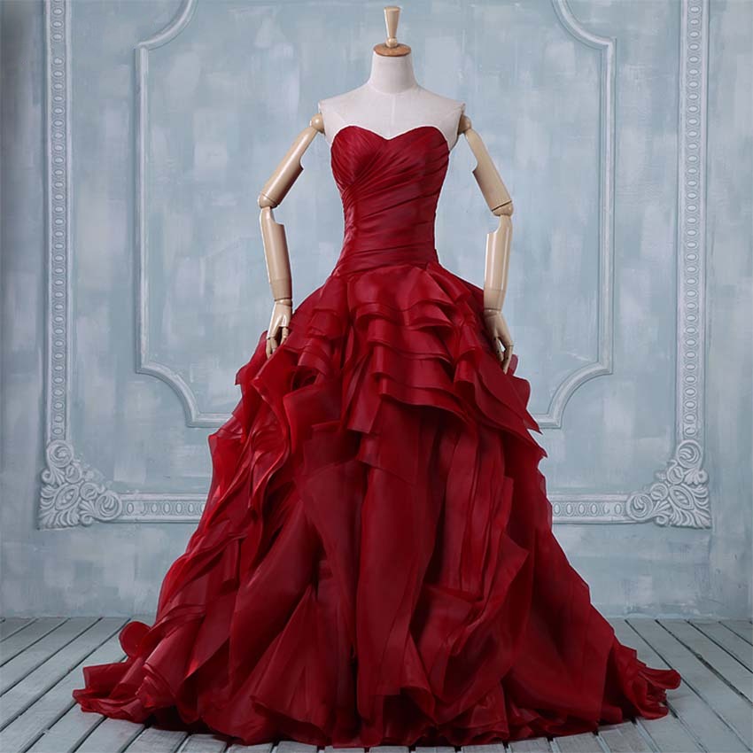 Fashion Wine Red Organza Evening Dresses Sweetheart Lace-up Women Party Dress Ball Gown