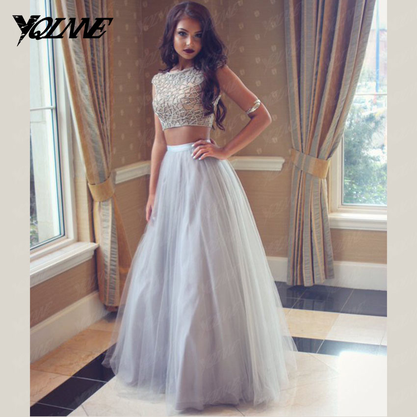 Two-piece Beaded A-line Tulle Long Prom Dress, Evening Dress
