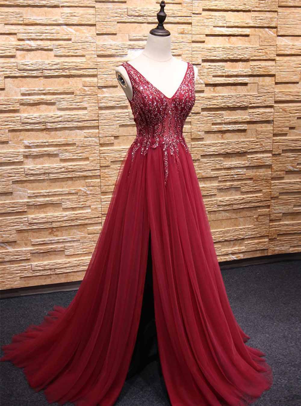 Red V Neck Crystals Tulle Slit Long Prom Dresses Sexy Party Dress On Luulla 2045